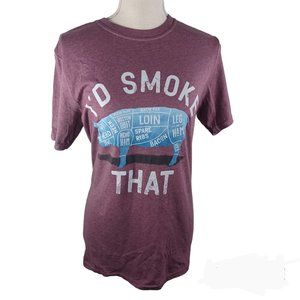 Pig Novelty Tee Shirt Womens Small Purple/Plum "I'd Smoke That" Top -Academy